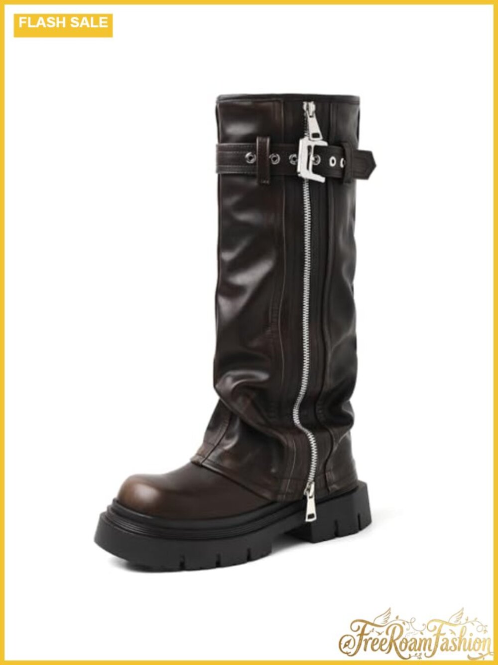 Women's Platform Fold Over Knee High Biker Boots Chunky Heel Square Toe PU